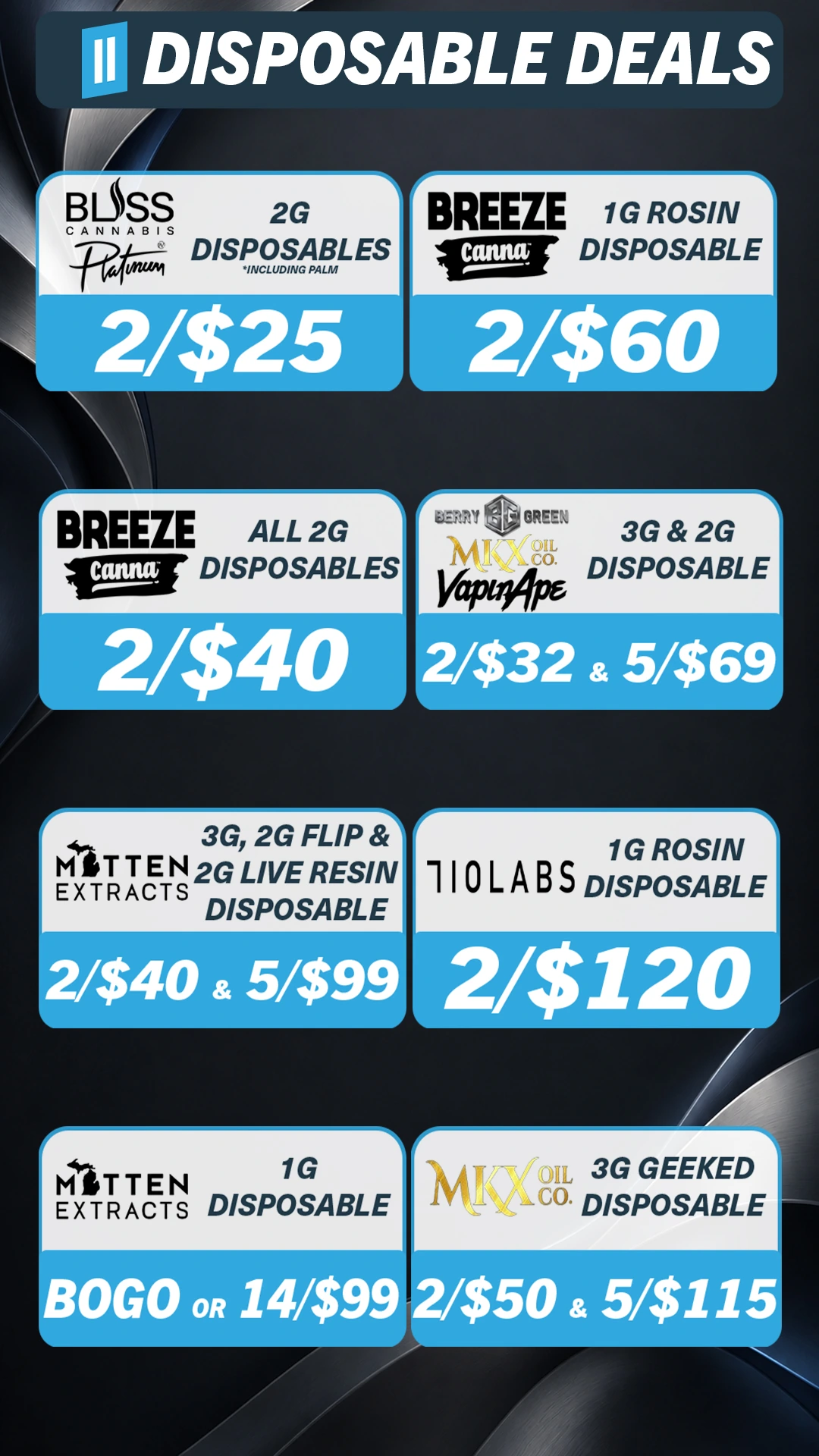 Disposables promotional flyer. Offers are available in text below.