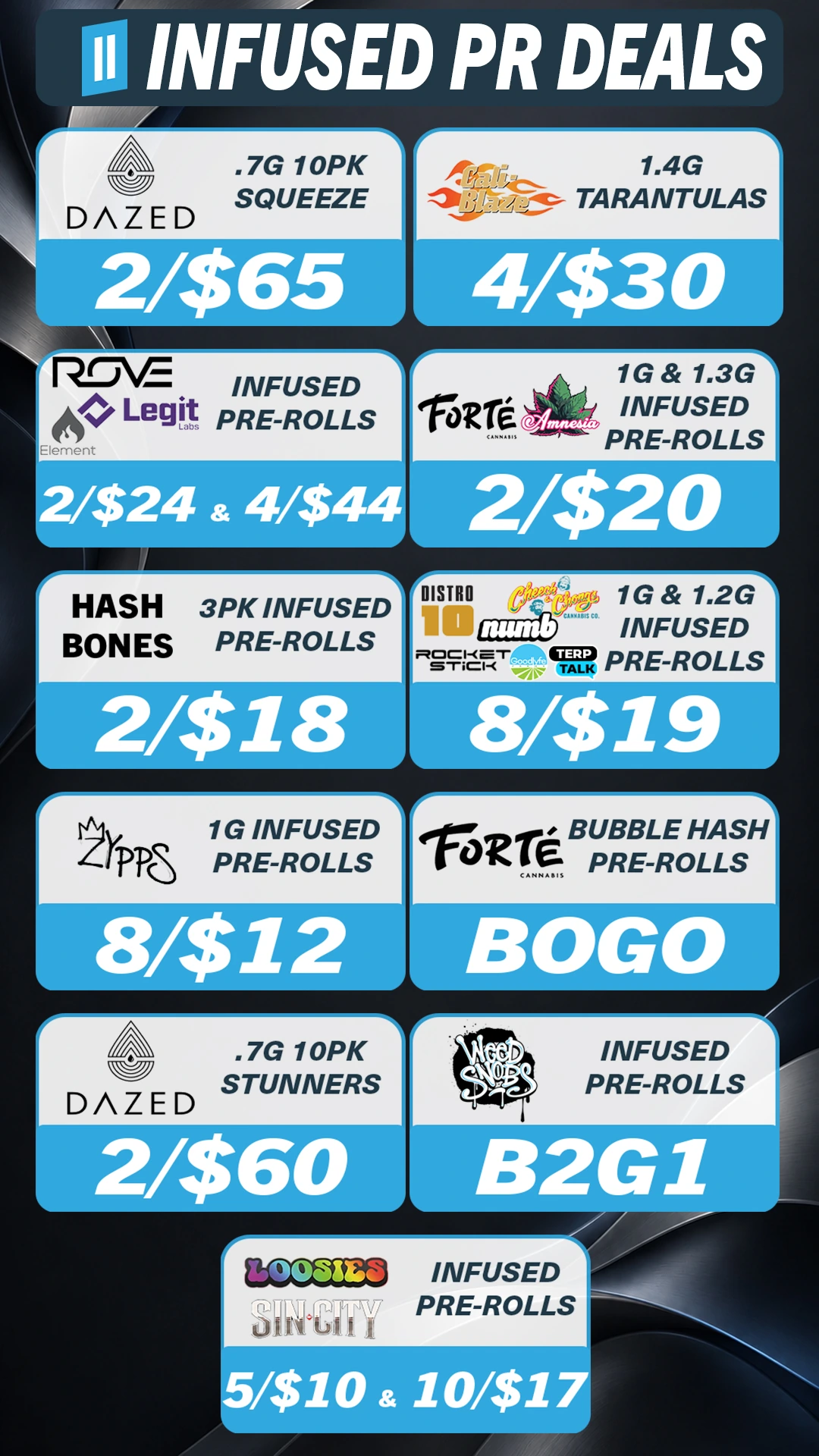 Infused pre-rolls promotional flyer. Offers are available in text below.