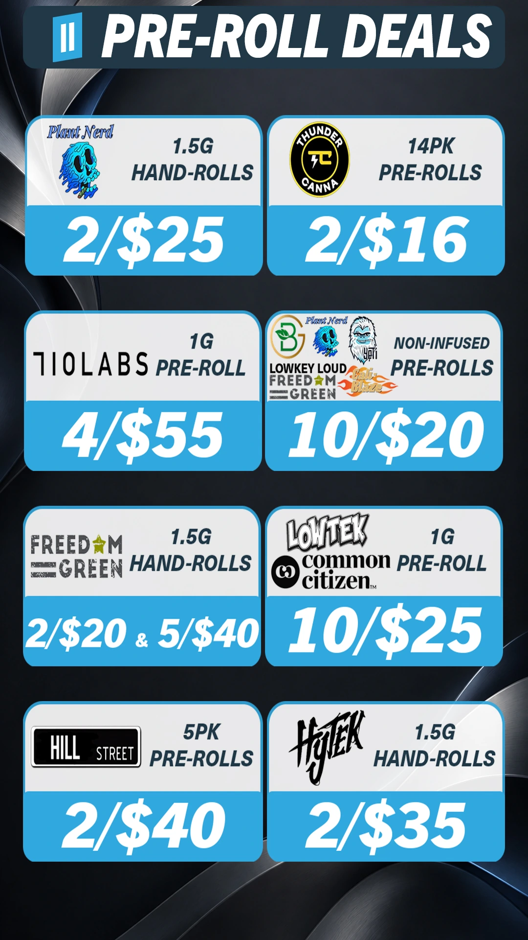 Pre-rolls promotional flyer. Offers are available in text below.