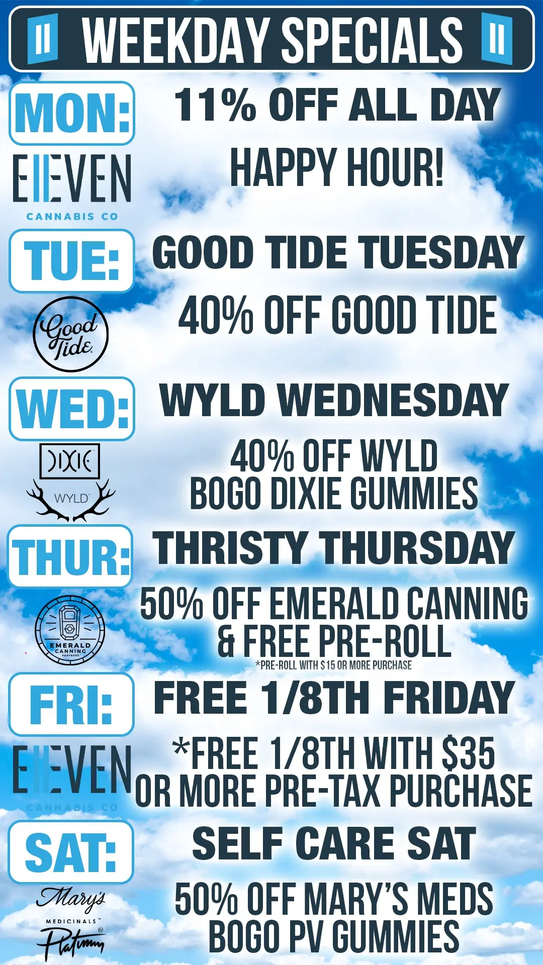 Weekday specials promotional flyer. Offers are available in text below.